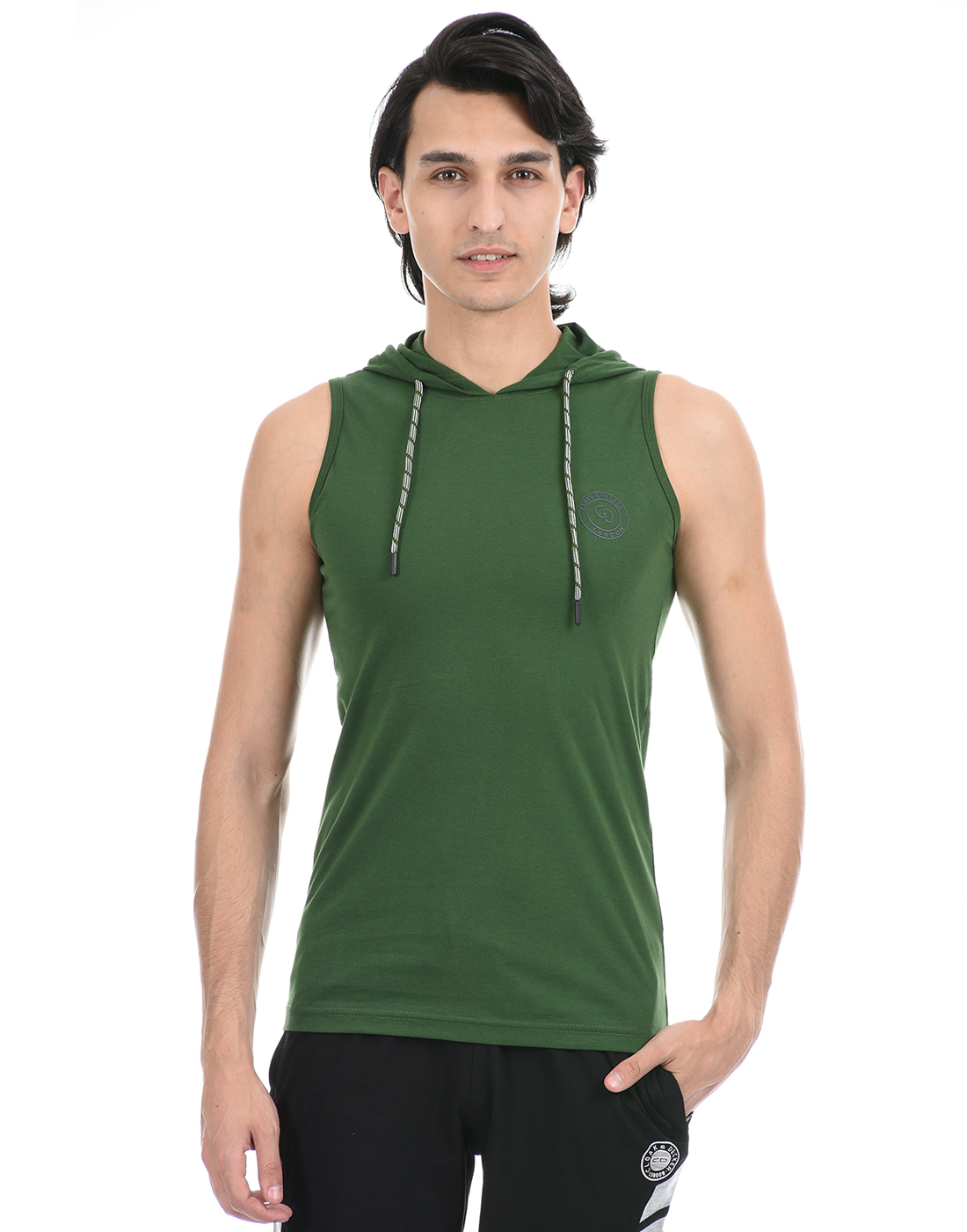 Cloak & Decker by Monte Carlo Men Dark Green Sleeveless Hooded Tshirt